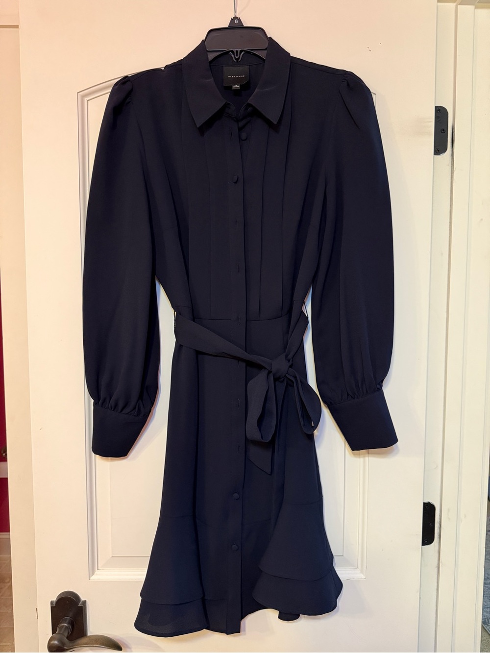 Alex Marie Navy Long-Sleeve Shirt Dress with Waist Tie